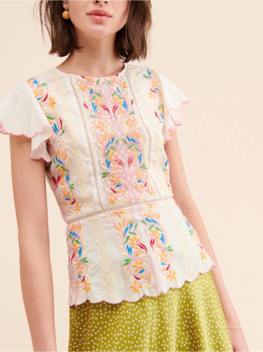 Antik Batik Ania Top Cream Embroidered Flutter Sleeve Peplum 42 L